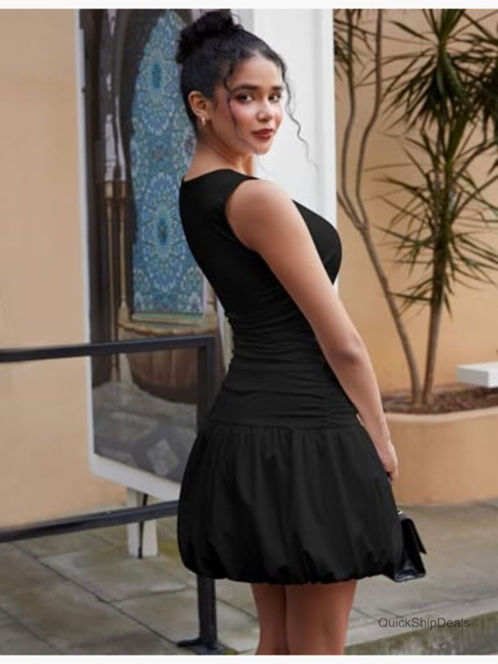 Sleeveless Ruffle Ruched Bodycon Bubble Mini Dress For Party View 3